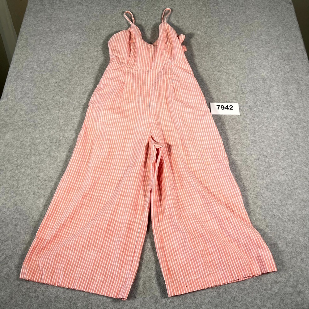 Gianni Bini Jumpsuit Womens 8 Pink White Striped Cotton V Neck Wide Leg Casual